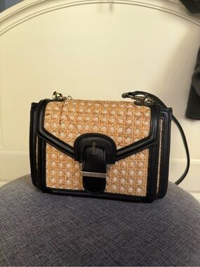 Zara Woven Straw Crossbody Bag with Black Trim